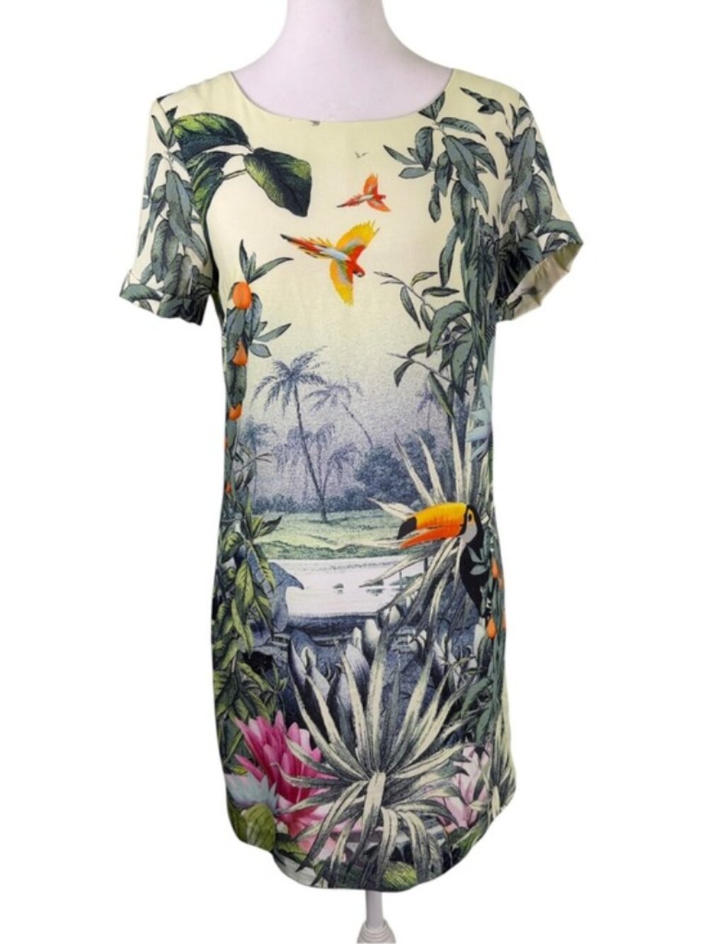 H&M Conscious Tropical Toucan Bird Print Shift Dress US 4 - Picture 2 of 11